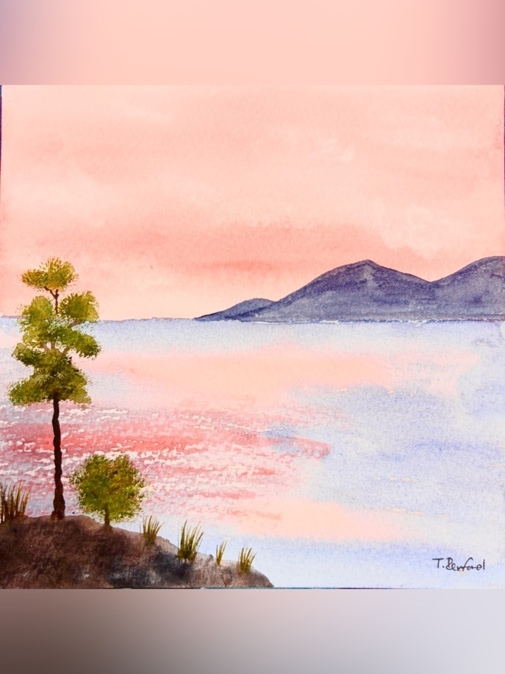 Hand painted watercolor original painting sunset ocean mountains trees